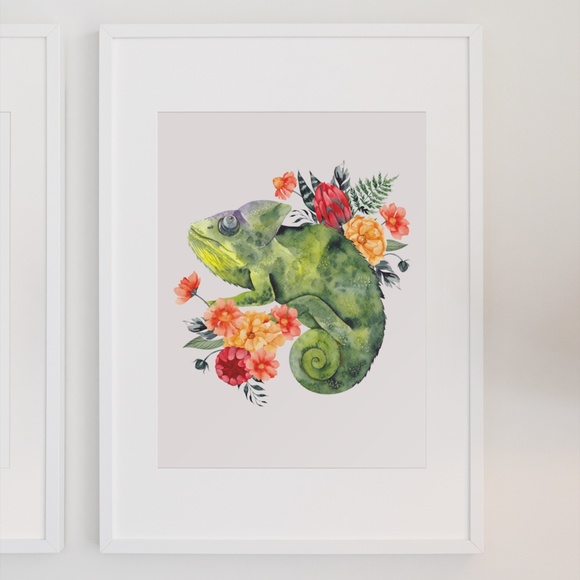 Wall Art Watercolor Floral Chameleon Illustration Print Poster Unframed - Picture 3 of 6